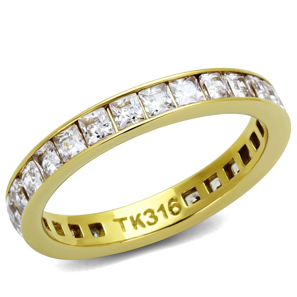 Thin gold band with square clear stones set in a channel. stainless steel and 18 k gold plated plus size ring.